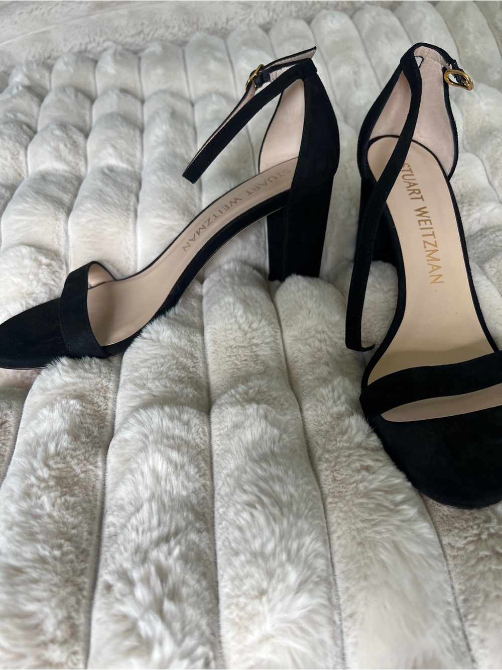 NEW Stuart Weitzman Black Suede Sandals Ankle Strap Block Heels 10.5